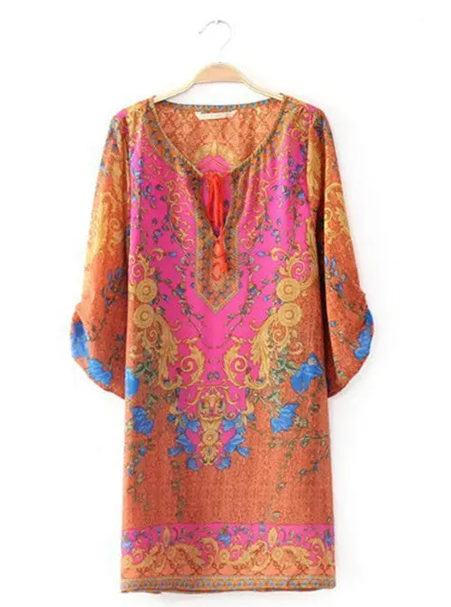 Retro Baroque Totem Paisley Floral Print Streamer V Neck 3/4 Sleeve Casual Shift Dress Women Short Dresses Tops Femme 5