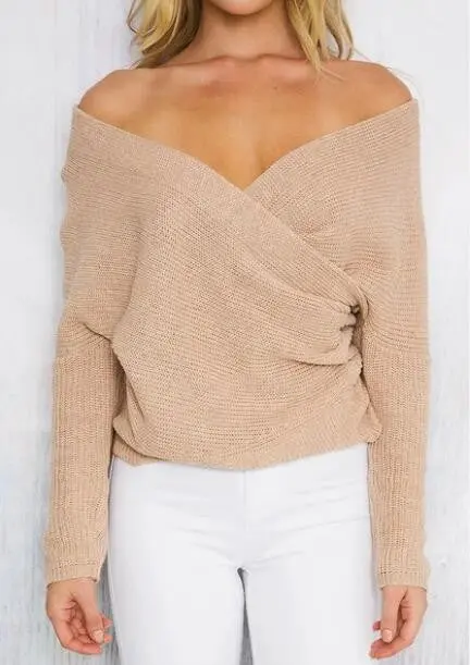 Retro Batwing-Sleeve White Sweater – Elegant V-Neck Loose Pullover for Women (GV427)