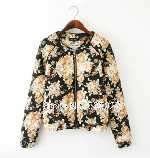 Retro Big Flower Print Quilting Quilted Short Jacket O-Neck Short Thin Padded Bomber Jacket Coat Pilots Outerwear Tops 1