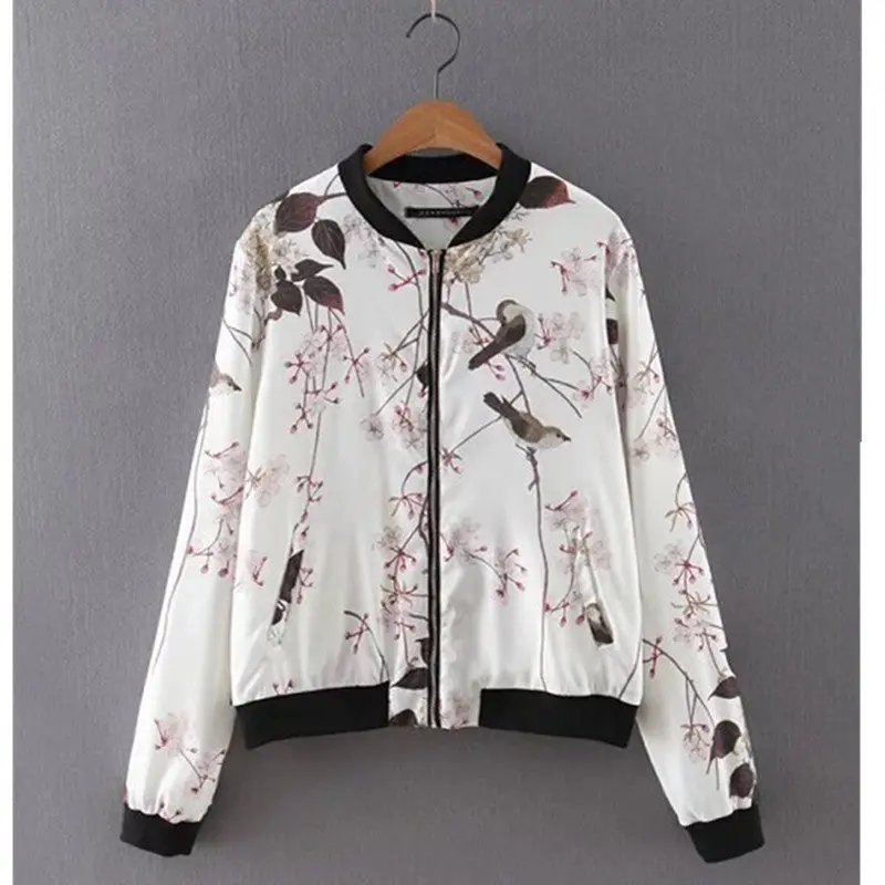 Retro Bird Flower Print Jacket Women Contrast Color V Neck Zipper Casual Pilot Bomber Coat Tops Femme Outwear 1