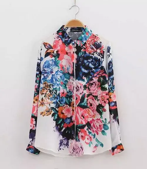 Retro Bloom Contrast Colorful Floral Print Lapel Long Sleeve Shirt Women's Flower Print Shirt Blouse Tops 1
