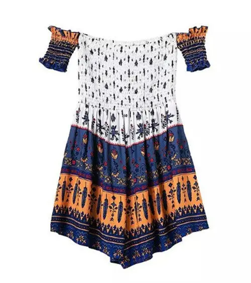 Retro Boho Jumpsuit Women's Floral Geometric Print Slash Neck Strapless Off The Shoulder Pleated Mini Short Beach Rompers 1