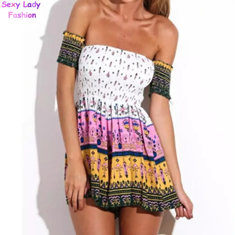 Retro Boho Jumpsuit Women's Floral Geometric Print Slash Neck Strapless Off The Shoulder Pleated Mini Short Beach Rompers 3