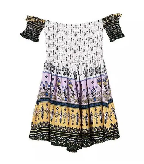 Retro Boho Jumpsuit Women's Floral Geometric Print Slash Neck Strapless Off The Shoulder Pleated Mini Short Beach Rompers 4