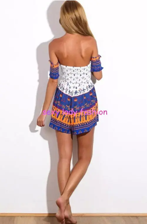 Retro Boho Jumpsuit Women's Floral Geometric Print Slash Neck Strapless Off The Shoulder Pleated Mini Short Beach Rompers 5