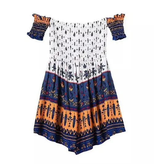Retro Boho Jumpsuit Women's Floral Geometric Print Slash Neck Strapless Off The Shoulder Pleated Mini Short Beach Rompers 6
