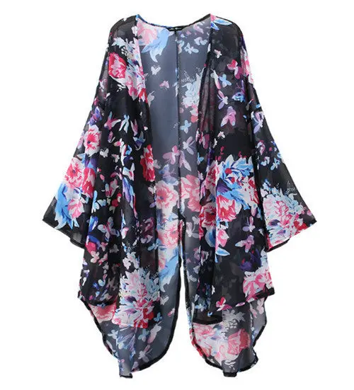 Retro Butterfly Flower Print Kimono Shirt Blusa Feminina Women Floral Print Split Back Kimono Cardigan Sunscreen Black S Xl 1