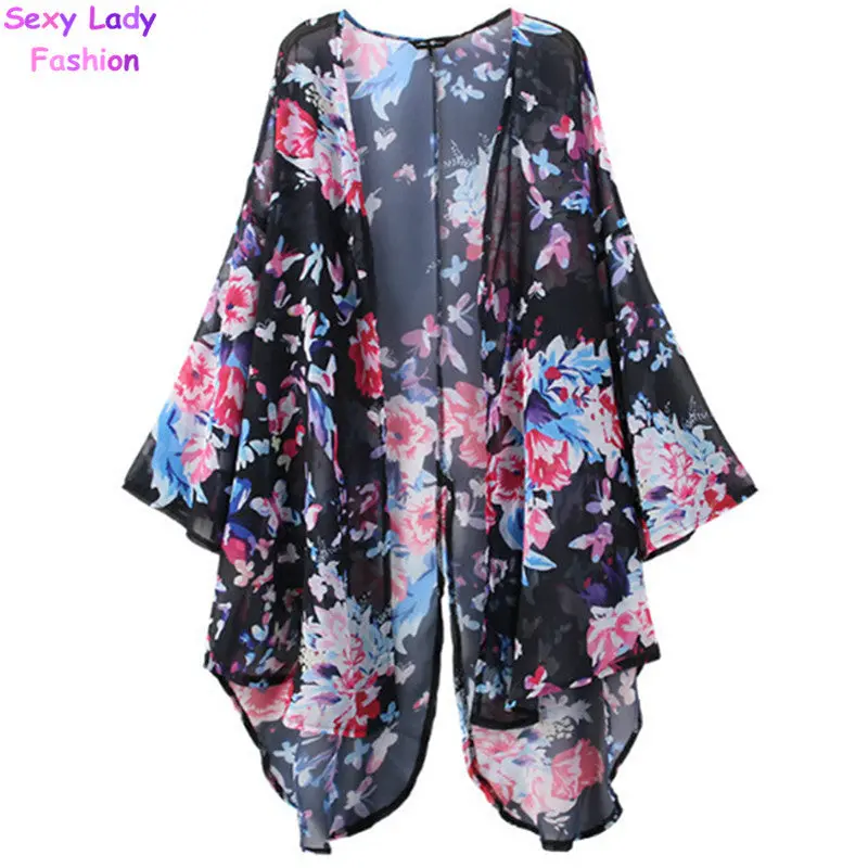 Retro Butterfly Flower Print Kimono Shirt Blusa Feminina Women Floral Print Split Back Kimono Cardigan Sunscreen Black S Xl 2