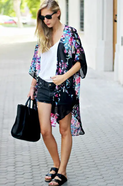 Retro Butterfly Flower Print Kimono Shirt Blusa Feminina Women Floral Print Split Back Kimono Cardigan Sunscreen Black S Xl 4