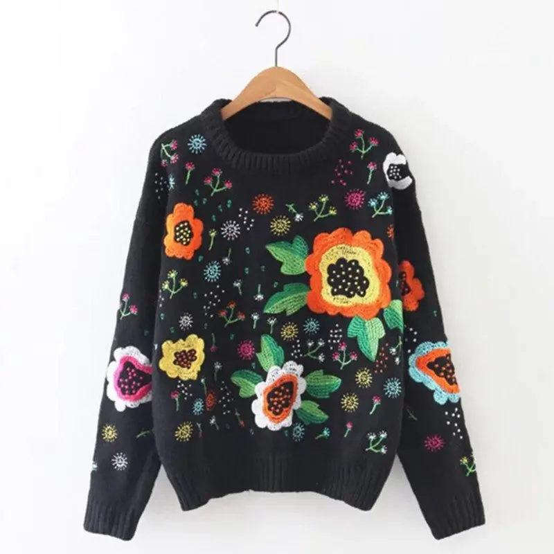 Retro Colored Floral Embroidery Sweater Women O Neck Long Sleeve Knitwear Jumper Pullover Kleding Jerseis Mujer Femme Black 1