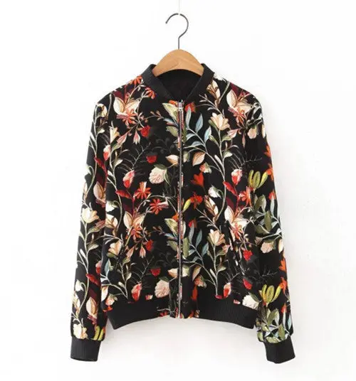 Retro Colored Flower Leaves Print Jacket Women Spliced V Neck Zipper Casual Pilot Bomber Coat Tops Femme Outwear 1