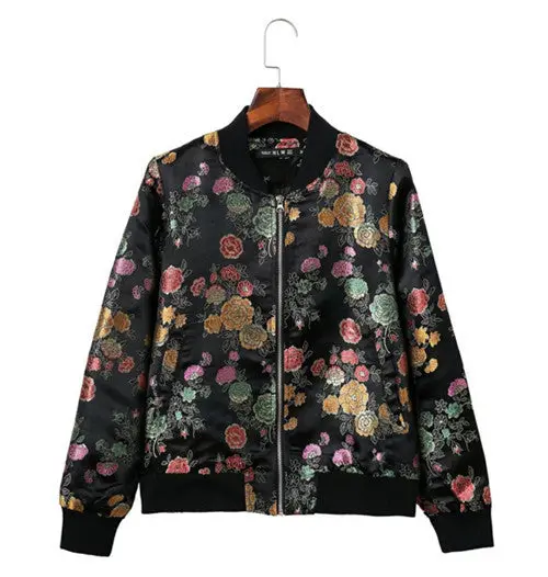Retro Colred Flower Print Pilot Jacket Women Contrast Color V Neck Zipper Casual Pilot Bomber Coat Tops Femme Outwear 1