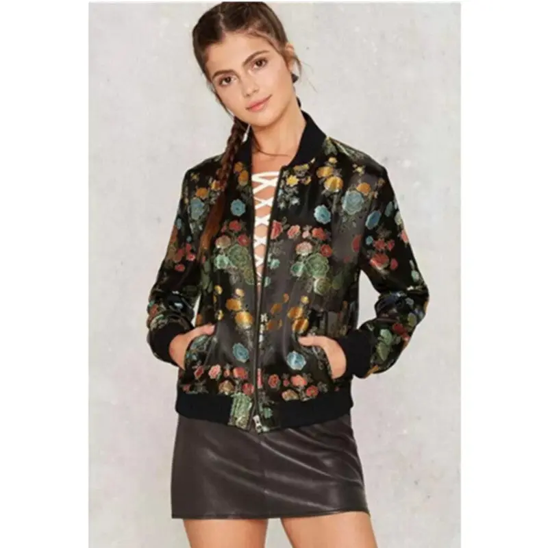 Retro Colred Flower Print Pilot Jacket Women Contrast Color V Neck Zipper Casual Pilot Bomber Coat Tops Femme Outwear 2