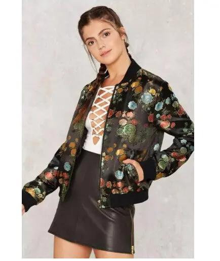Retro Colred Flower Print Pilot Jacket Women Contrast Color V Neck Zipper Casual Pilot Bomber Coat Tops Femme Outwear 3