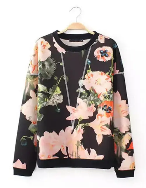 Retro Contrast Big Flower Print O Neck Long Sleeve Pullover Jumper Women's Hoodies Sweats Sweatshirts Tops 1