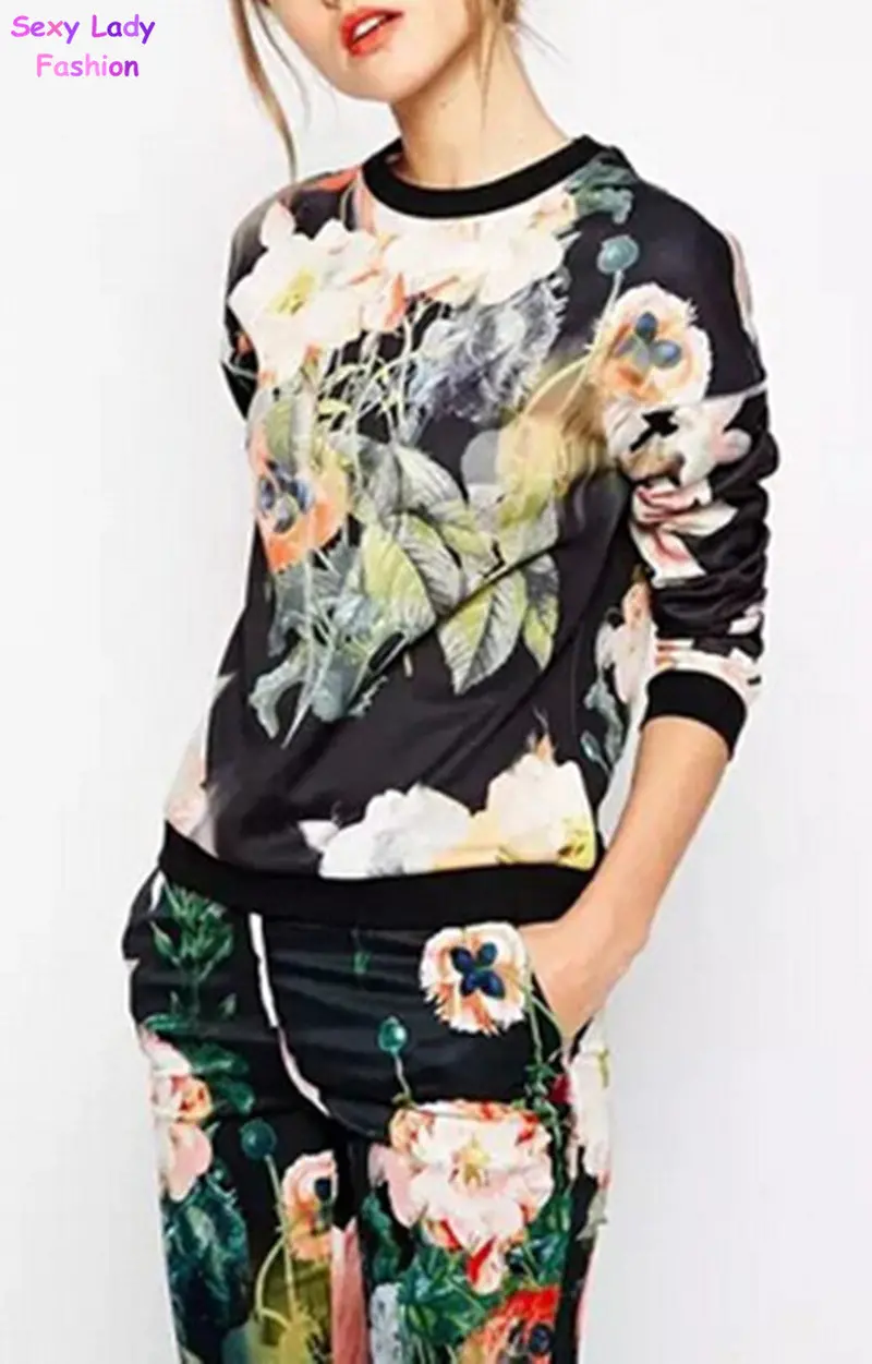 Retro Contrast Big Flower Print O Neck Long Sleeve Pullover Jumper Women's Hoodies Sweats Sweatshirts Tops 2