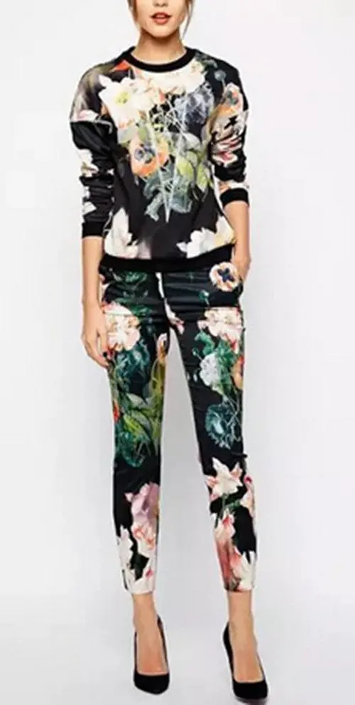 Retro Contrast Big Flower Print O Neck Long Sleeve Pullover Jumper Women's Hoodies Sweats Sweatshirts Tops 3