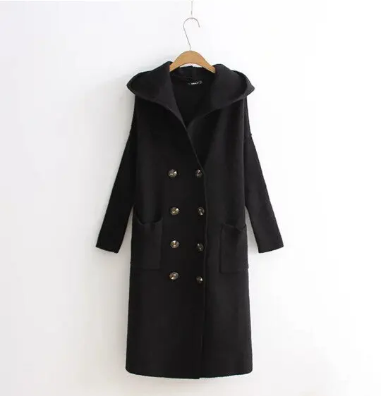 Retro Double Breasted Knitted Hooded Trench Women Long Sleeve Knitting Mid Long Coat Outerwear Femme Army Green Black 1