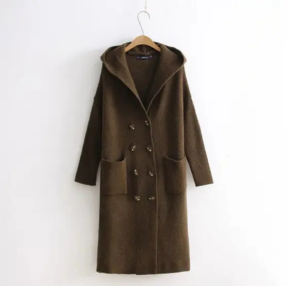 Retro Double Breasted Knitted Hooded Trench Women Long Sleeve Knitting Mid Long Coat Outerwear Femme Army Green Black 2