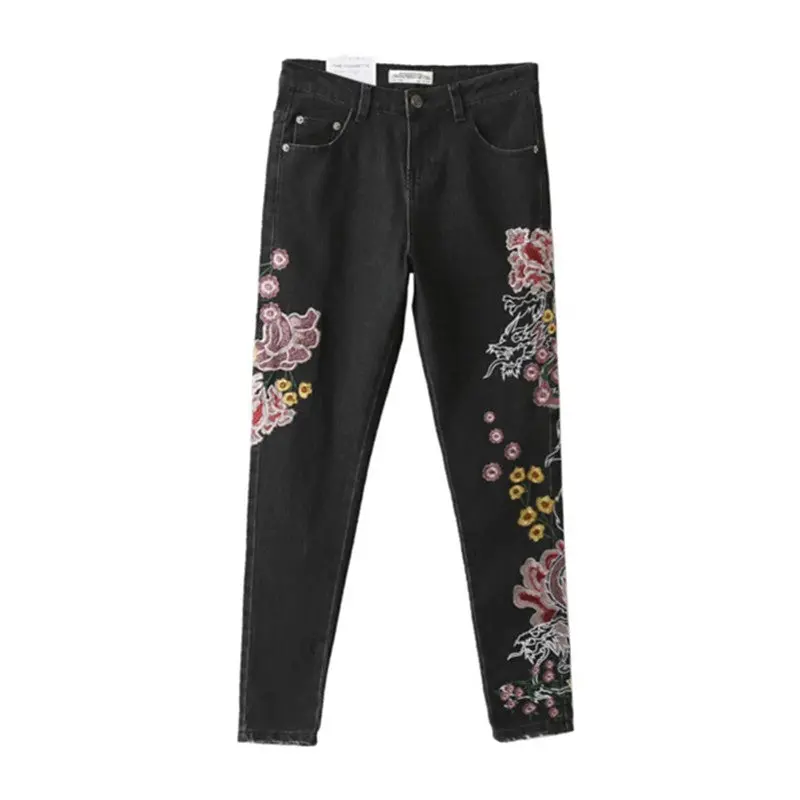 Retro Dragon Floral Embroidery Demin Skinny Jeans Woman Pencil Pants Ripped Washed Zip Pocket Button Cozy Casual Slim Trousers 1