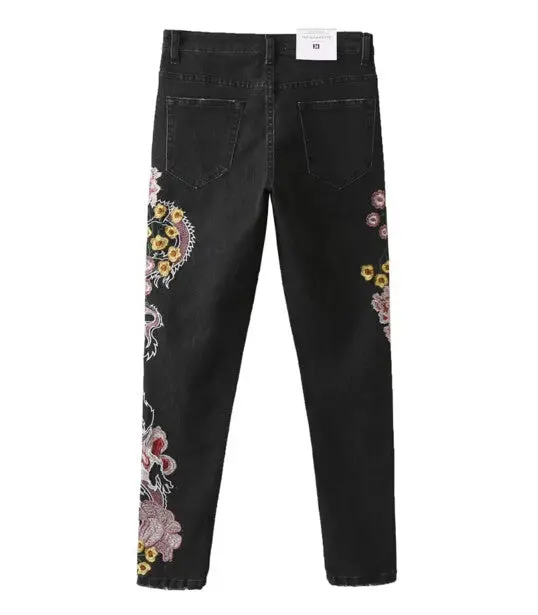 Retro Dragon Floral Embroidery Demin Skinny Jeans Woman Pencil Pants Ripped Washed Zip Pocket Button Cozy Casual Slim Trousers 3