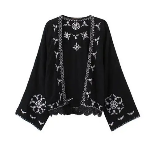 Retro Embroidery Snow Flower Crotoch Lace Hem Cardigan Kimono Shirt Brand Show Style Women's Beach Holiday Blouse Tops 1