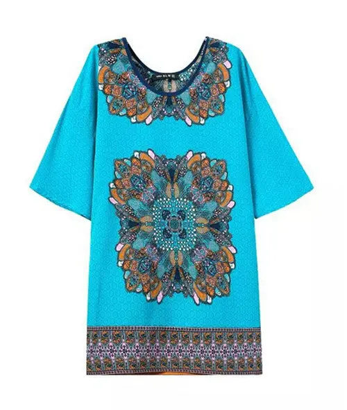 Retro Ethnic Baroque Totem Contrast Floral Print O Neck Shift Dress Women's Lake Blue Casual Short Dress 1