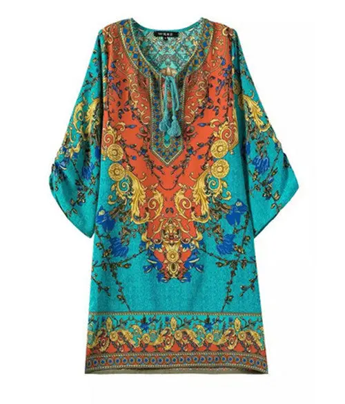 Retro Ethnic Baroque Totem Contrast Floral Print Strappy Streamer V-Neck Shift Dress Women's Casual Short Dress 1