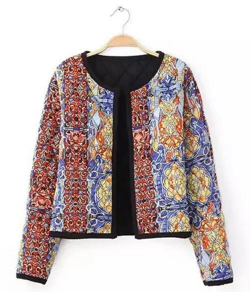 Retro Ethnic Baroque Totem Floral Paisley Print O Neck Long Sleeve Jacket Women's Quilting Thin Padded Coats Outwear Cardigan 1