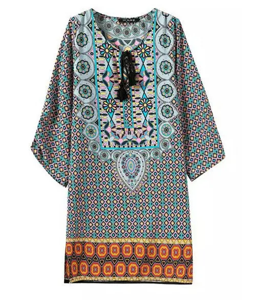 Retro Ethnic Baroque Totem Geometric Floral Print Dress Women Strappy Streamer V-Neck Shift Dress 1