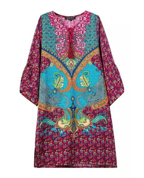 Retro Ethnic Baroque Totem Paisley Floral Print Strappy Streamer V-Neck Shift Dress Women's Casual Short Dress Tops 1