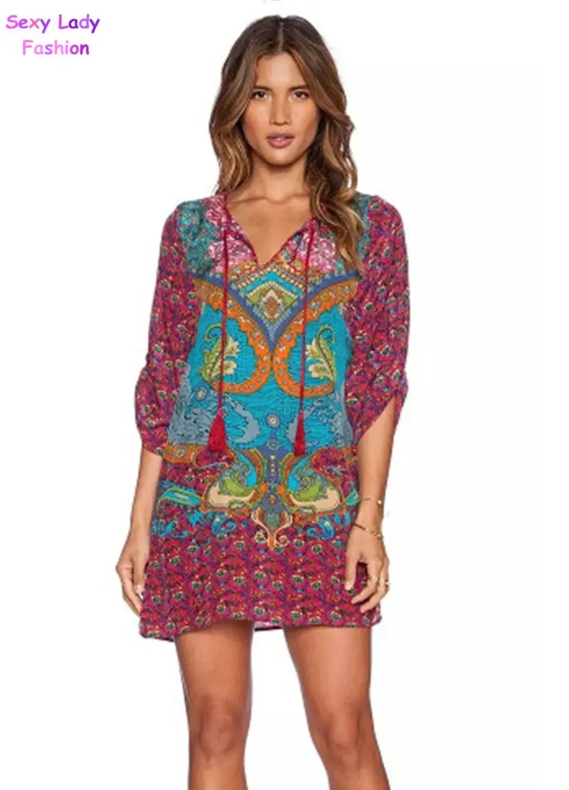 Retro Ethnic Baroque Totem Paisley Floral Print Strappy Streamer V-Neck Shift Dress Women's Casual Short Dress Tops 2