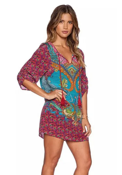 Retro Ethnic Baroque Totem Paisley Floral Print Strappy Streamer V-Neck Shift Dress Women's Casual Short Dress Tops 3