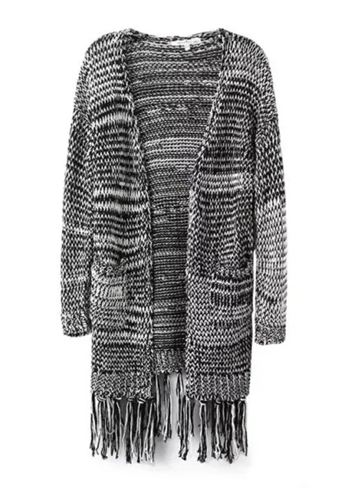 Retro Ethnic Bohemian Contrast Mix Color Tassels Long Cardigan Leisure Knit Sweater Women's Loose Pockets Knitwear Jumper Tops 1