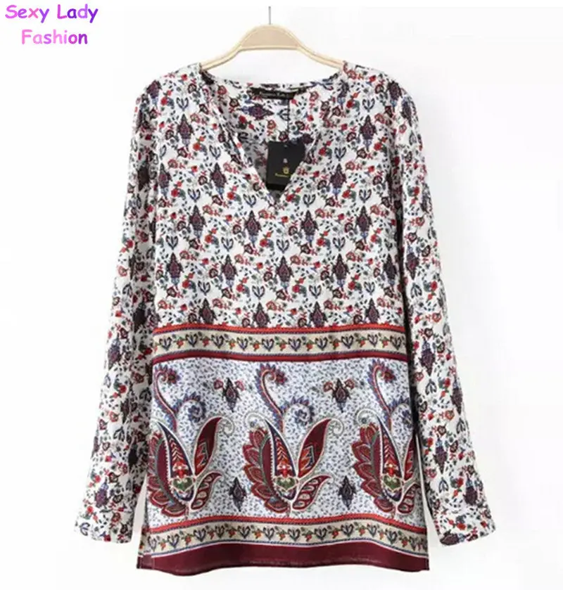 Retro Ethnic Contrast Paisley Floral Print V Neck Pullover Long Sleeve Shirt Women's Print Cotton Shirt Blouse Tops 2