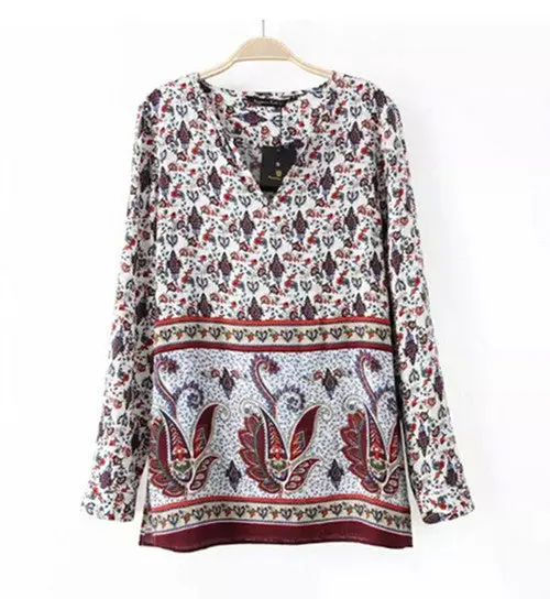 Retro Ethnic Contrast Paisley Floral Print V Neck Pullover Long Sleeve Shirt Women's Print Cotton Shirt Blouse Tops 3