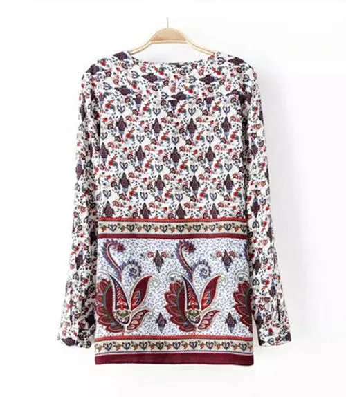 Retro Ethnic Contrast Paisley Floral Print V Neck Pullover Long Sleeve Shirt Women's Print Cotton Shirt Blouse Tops 4