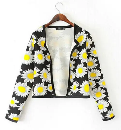 Retro Ethnic Daisy Flower Print Cardigan Thin Short Jacket Women's Collarless Long Sleeve Jacket Coats Suits Blouse Tops 1