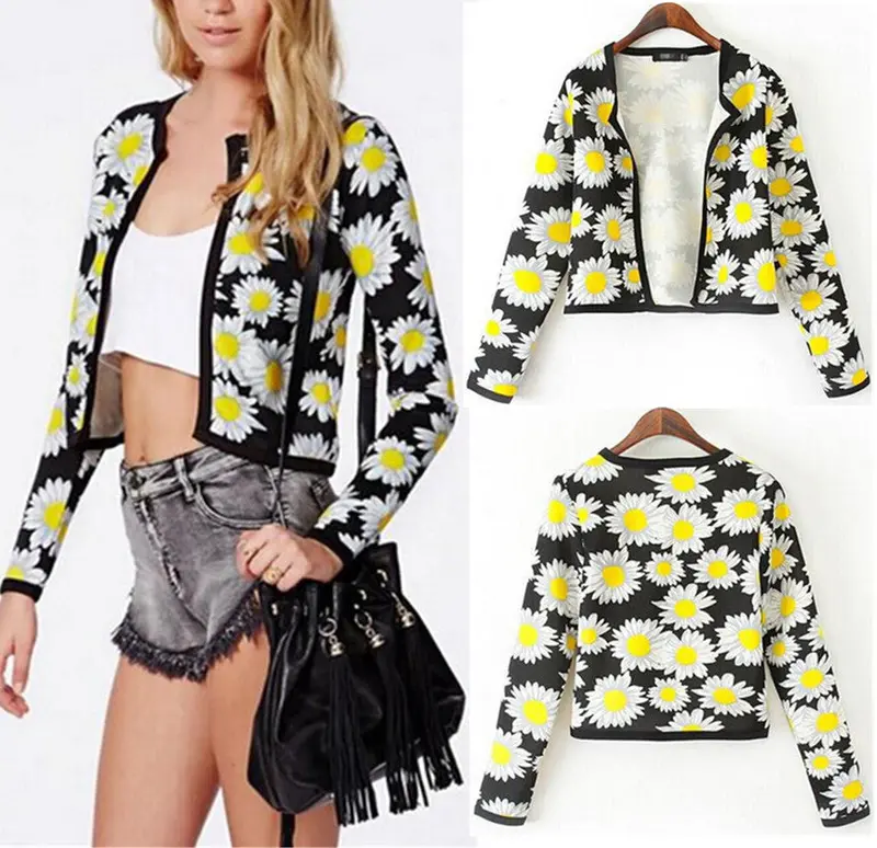Retro Ethnic Daisy Flower Print Cardigan Thin Short Jacket Women's Collarless Long Sleeve Jacket Coats Suits Blouse Tops 2