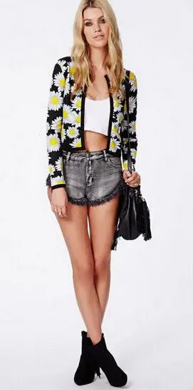Retro Ethnic Daisy Flower Print Cardigan Thin Short Jacket Women's Collarless Long Sleeve Jacket Coats Suits Blouse Tops 3
