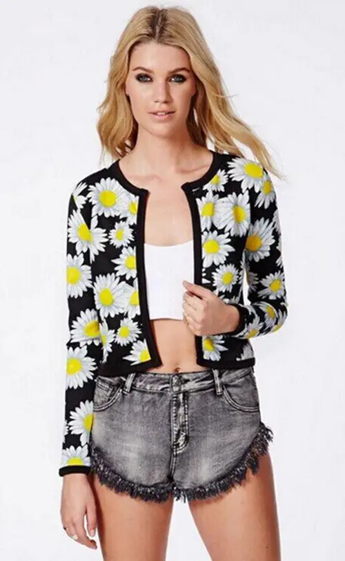 Retro Ethnic Daisy Flower Print Cardigan Thin Short Jacket Women's Collarless Long Sleeve Jacket Coats Suits Blouse Tops 4