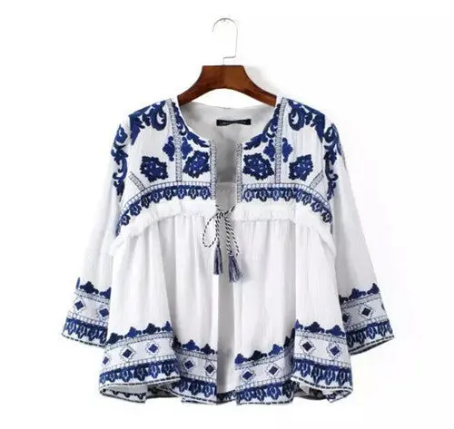 Retro Ethnic Embroidery Blue & White Floral Stream Loose Kimono Cardigan Shirt Women's Casual Linen Blouse Sunscreen 1