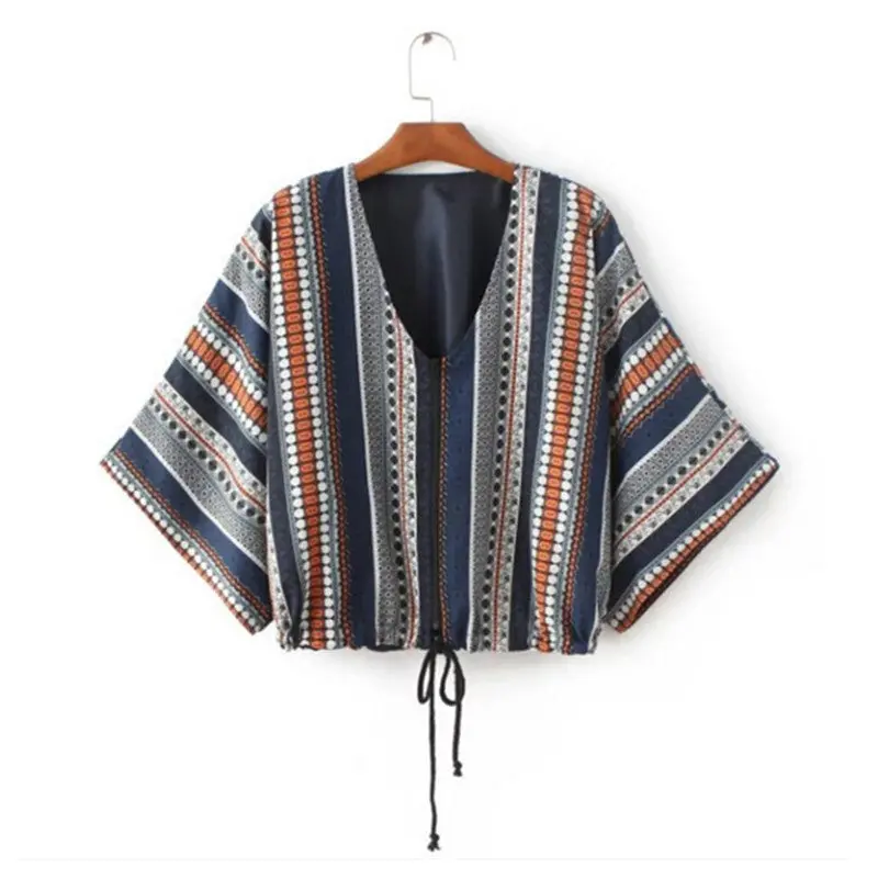 Retro Ethnic Geometric Print Zipper Kimono Cardigan Jacket Woman Paisley Print Bat Sleeve Blouse Sunscreen Tops Femme 1