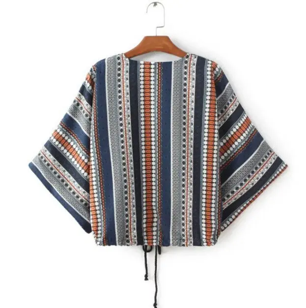 Retro Ethnic Geometric Print Zipper Kimono Cardigan Jacket Woman Paisley Print Bat Sleeve Blouse Sunscreen Tops Femme 3