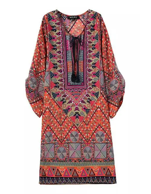 Retro Ethnic Position Geometric Floral Print Strappy Streamer V Neck Shift Dress Women's Casual Short Straight Dress Tops 1