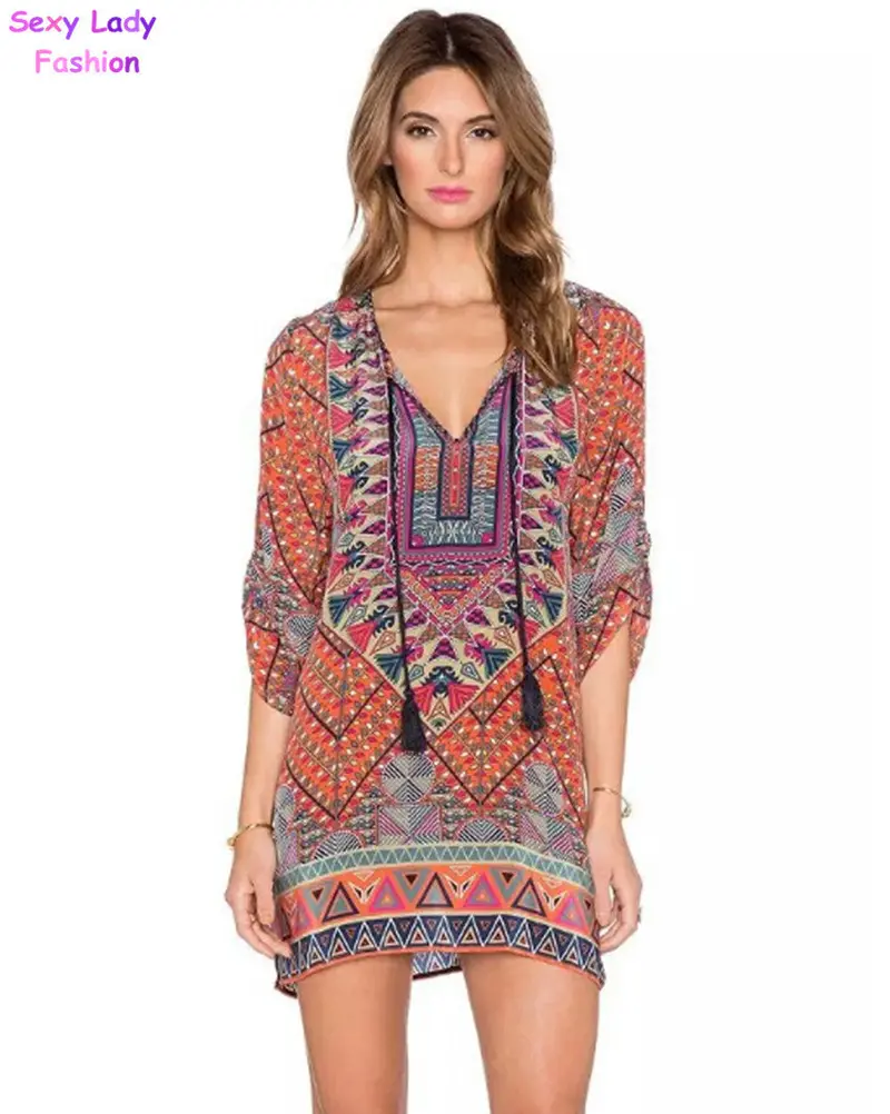 Retro Ethnic Position Geometric Floral Print Strappy Streamer V Neck Shift Dress Women's Casual Short Straight Dress Tops 2