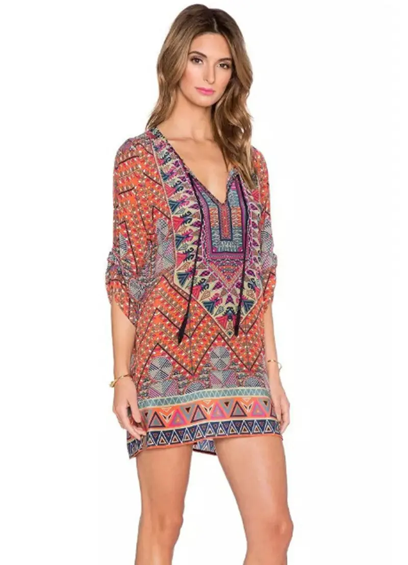 Retro Ethnic Position Geometric Floral Print Strappy Streamer V Neck Shift Dress Women's Casual Short Straight Dress Tops 3