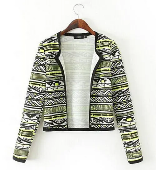 Retro Ethnic Striped Geometric Print Cardigan Thin Short Jacket Women's Collarless Long Sleeve Jacket Coats Blouse Tops 1