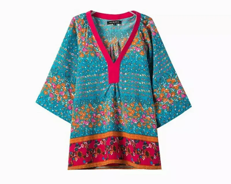 Retro Ethnic Totem Floral Print V Neck Kimono Shirt Half Sleeve Pullovers Blouse Tops Mujer Pull Femme S M L 1