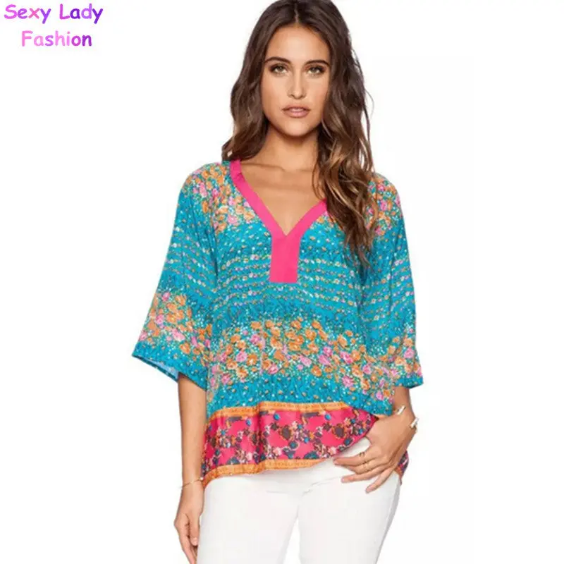 Retro Ethnic Totem Floral Print V Neck Kimono Shirt Half Sleeve Pullovers Blouse Tops Mujer Pull Femme S M L 2